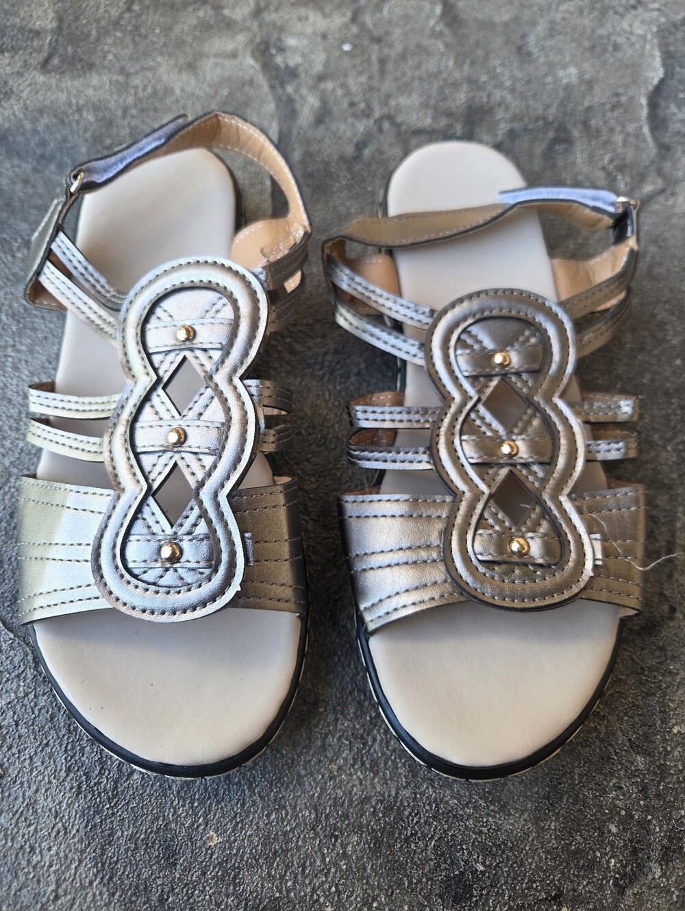 Women’s Strappy Sandals in White, Black, and Metallic Taupe - Picture 6 of 7